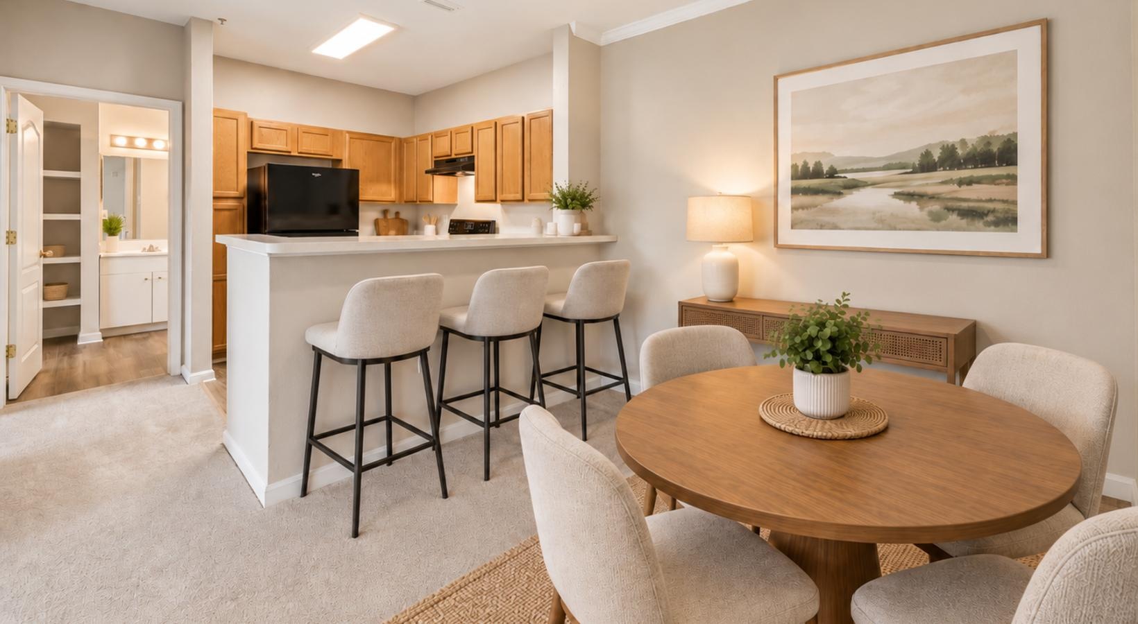 a large kitchen with a dining table