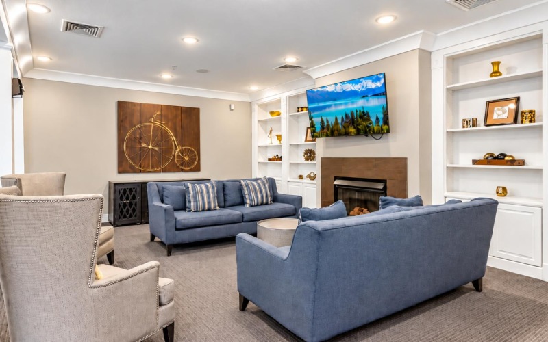 a living room with a fireplace