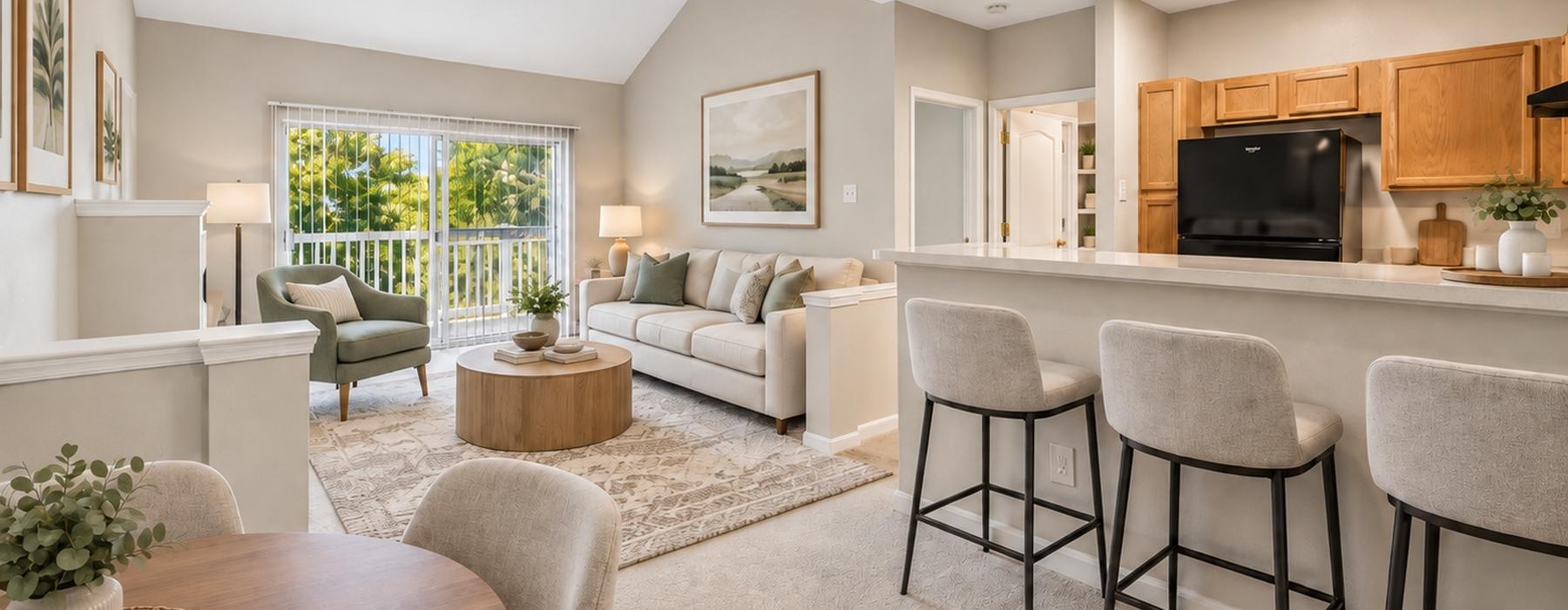 a large living room with a dining table and chairs