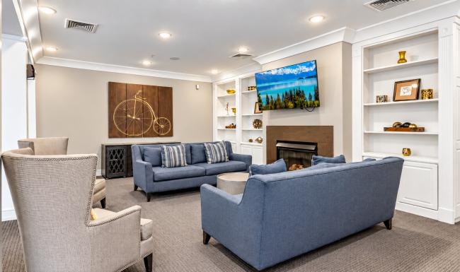 a living room with a fireplace